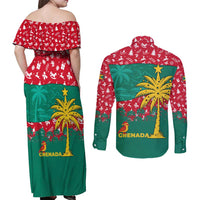 Grenada Christmas Couples Matching Off Shoulder Maxi Dress and Long Sleeve Button Shirt with Palm Tree Bird and Tropical Holiday Pattern Design - Wonder Print Shop