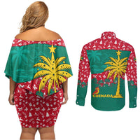 Grenada Christmas Couples Matching Off Shoulder Short Dress and Long Sleeve Button Shirt with Palm Tree Bird and Tropical Holiday Pattern Design - Wonder Print Shop