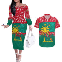 Grenada Christmas Couples Matching Off The Shoulder Long Sleeve Dress and Hawaiian Shirt with Palm Tree Bird and Tropical Holiday Pattern Design - Wonder Print Shop