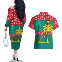 Grenada Christmas Couples Matching Off The Shoulder Long Sleeve Dress and Hawaiian Shirt with Palm Tree Bird and Tropical Holiday Pattern Design - Wonder Print Shop