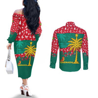 Grenada Christmas Couples Matching Off The Shoulder Long Sleeve Dress and Long Sleeve Button Shirt with Palm Tree Bird and Tropical Holiday Pattern Design - Wonder Print Shop