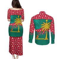 Grenada Christmas Couples Matching Puletasi and Long Sleeve Button Shirt with Palm Tree Bird and Tropical Holiday Pattern Design - Wonder Print Shop