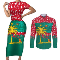 Grenada Christmas Couples Matching Short Sleeve Bodycon Dress and Long Sleeve Button Shirt with Palm Tree Bird and Tropical Holiday Pattern Design - Wonder Print Shop