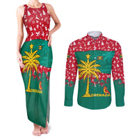 Grenada Christmas Couples Matching Tank Maxi Dress and Long Sleeve Button Shirt with Palm Tree Bird and Tropical Holiday Pattern Design - Wonder Print Shop