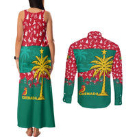 Grenada Christmas Couples Matching Tank Maxi Dress and Long Sleeve Button Shirt with Palm Tree Bird and Tropical Holiday Pattern Design - Wonder Print Shop