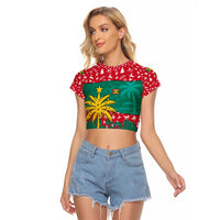 Grenada Christmas Raglan Cropped T Shirt with Palm Tree Bird and Tropical Holiday Pattern Design - Wonder Print Shop