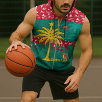 Grenada Christmas Sleeveless Zip Hoodie with Palm Tree Bird and Tropical Holiday Pattern Design - Wonder Print Shop