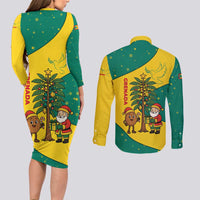 Grenada Christmas Couples Matching Long Sleeve Bodycon Dress and Long Sleeve Button Shirt with Santa Nutmeg Tree Peace Dove and Festive Gift Design - Wonder Print Shop