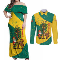 Grenada Christmas Couples Matching Off Shoulder Maxi Dress and Long Sleeve Button Shirt with Santa Nutmeg Tree Peace Dove and Festive Gift Design - Wonder Print Shop