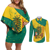 Grenada Christmas Couples Matching Off Shoulder Short Dress and Long Sleeve Button Shirt with Santa Nutmeg Tree Peace Dove and Festive Gift Design - Wonder Print Shop