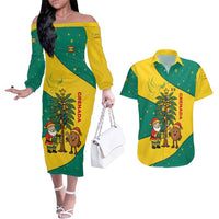 Grenada Christmas Couples Matching Off The Shoulder Long Sleeve Dress and Hawaiian Shirt with Santa Nutmeg Tree Peace Dove and Festive Gift Design - Wonder Print Shop