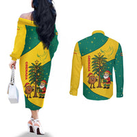 Grenada Christmas Couples Matching Off The Shoulder Long Sleeve Dress and Long Sleeve Button Shirt with Santa Nutmeg Tree Peace Dove and Festive Gift Design - Wonder Print Shop