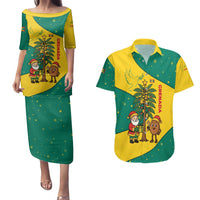 Grenada Christmas Couples Matching Puletasi and Hawaiian Shirt with Santa Nutmeg Tree Peace Dove and Festive Gift Design - Wonder Print Shop