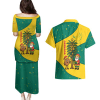 Grenada Christmas Couples Matching Puletasi and Hawaiian Shirt with Santa Nutmeg Tree Peace Dove and Festive Gift Design - Wonder Print Shop