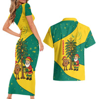 Grenada Christmas Couples Matching Short Sleeve Bodycon Dress and Hawaiian Shirt with Santa Nutmeg Tree Peace Dove and Festive Gift Design - Wonder Print Shop