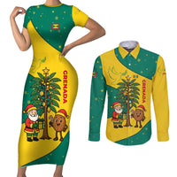 Grenada Christmas Couples Matching Short Sleeve Bodycon Dress and Long Sleeve Button Shirt with Santa Nutmeg Tree Peace Dove and Festive Gift Design - Wonder Print Shop