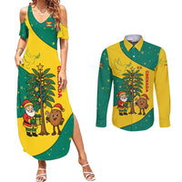 Grenada Christmas Couples Matching Summer Maxi Dress and Long Sleeve Button Shirt with Santa Nutmeg Tree Peace Dove and Festive Gift Design - Wonder Print Shop