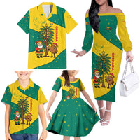 Grenada Christmas Family Matching Off The Shoulder Long Sleeve Dress and Hawaiian Shirt with Santa Nutmeg Tree Peace Dove and Festive Gift Design - Wonder Print Shop