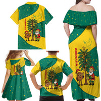 Grenada Christmas Family Matching Off Shoulder Maxi Dress and Hawaiian Shirt with Santa Nutmeg Tree Peace Dove and Festive Gift Design - Wonder Print Shop
