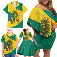 Grenada Christmas Family Matching Off Shoulder Short Dress and Hawaiian Shirt with Santa Nutmeg Tree Peace Dove and Festive Gift Design - Wonder Print Shop