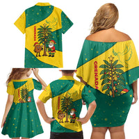 Grenada Christmas Family Matching Off Shoulder Short Dress and Hawaiian Shirt with Santa Nutmeg Tree Peace Dove and Festive Gift Design - Wonder Print Shop