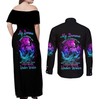 My Demons Tried To Drown Me Mermaid Couples Matching Off Shoulder Maxi Dress and Long Sleeve Button Shirt - Wonder Print Shop