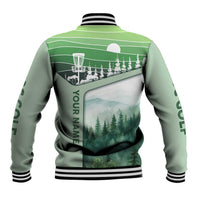 Custom Disc Golf Baseball Jacket with Forest Landscape Basket Silhouette - Wonder Print Shop