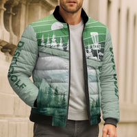 Custom Disc Golf Bomber Puffer Jacket with Forest Landscape Basket Silhouette - Wonder Print Shop