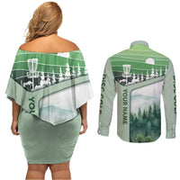 Custom Disc Golf Couples Matching Off Shoulder Short Dress and Long Sleeve Button Shirt with Forest Landscape Basket Silhouette - Wonder Print Shop