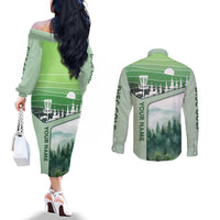 Custom Disc Golf Couples Matching Off The Shoulder Long Sleeve Dress and Long Sleeve Button Shirt with Forest Landscape Basket Silhouette - Wonder Print Shop
