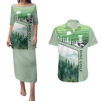 Custom Disc Golf Couples Matching Puletasi and Hawaiian Shirt with Forest Landscape Basket Silhouette - Wonder Print Shop
