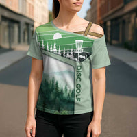 Custom Disc Golf Cross Shoulder Shirt with Forest Landscape Basket Silhouette - Wonder Print Shop