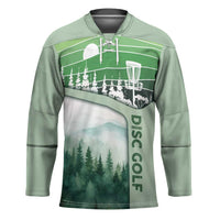 Custom Disc Golf Hockey Jersey with Forest Landscape Basket Silhouette - Wonder Print Shop