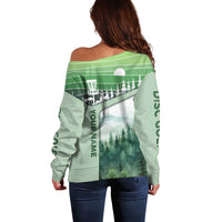 Custom Disc Golf Off Shoulder Sweater with Forest Landscape Basket Silhouette - Wonder Print Shop