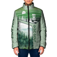 Custom Disc Golf Padded Jacket with Forest Landscape Basket Silhouette - Wonder Print Shop