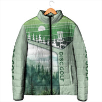 Custom Disc Golf Padded Jacket with Forest Landscape Basket Silhouette - Wonder Print Shop
