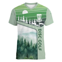 Custom Disc Golf Women V-Neck T-Shirt with Forest Landscape Basket Silhouette - Wonder Print Shop