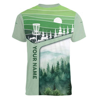 Custom Disc Golf Women V-Neck T-Shirt with Forest Landscape Basket Silhouette - Wonder Print Shop
