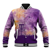 Custom Disc Golf Baseball Jacket with Purple Sunset Tie Dye Basket and Player Silhouette - Wonder Print Shop