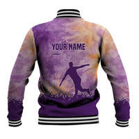 Custom Disc Golf Baseball Jacket with Purple Sunset Tie Dye Basket and Player Silhouette - Wonder Print Shop