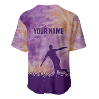Custom Disc Golf Baseball Jersey with Purple Sunset Tie Dye Basket and Player Silhouette - Wonder Print Shop