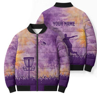 Custom Disc Golf Bomber Puffer Jacket with Purple Sunset Tie Dye Basket and Player Silhouette - Wonder Print Shop