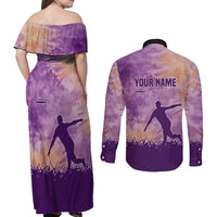 Custom Disc Golf Couples Matching Off Shoulder Maxi Dress and Long Sleeve Button Shirt with Purple Sunset Tie Dye Basket and Player Silhouette - Wonder Print Shop