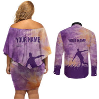 Custom Disc Golf Couples Matching Off Shoulder Short Dress and Long Sleeve Button Shirt with Purple Sunset Tie Dye Basket and Player Silhouette - Wonder Print Shop