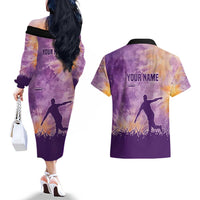 Custom Disc Golf Couples Matching Off The Shoulder Long Sleeve Dress and Hawaiian Shirt with Purple Sunset Tie Dye Basket and Player Silhouette - Wonder Print Shop