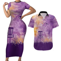 Custom Disc Golf Couples Matching Short Sleeve Bodycon Dress and Hawaiian Shirt with Purple Sunset Tie Dye Basket and Player Silhouette - Wonder Print Shop