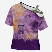 Custom Disc Golf Cross Shoulder Shirt with Purple Sunset Tie Dye Basket and Player Silhouette - Wonder Print Shop