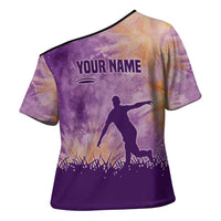 Custom Disc Golf Cross Shoulder Shirt with Purple Sunset Tie Dye Basket and Player Silhouette - Wonder Print Shop