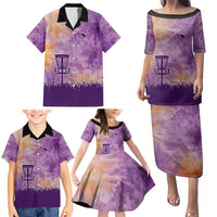 Custom Disc Golf Family Matching Puletasi and Hawaiian Shirt with Purple Sunset Tie Dye Basket and Player Silhouette - Wonder Print Shop