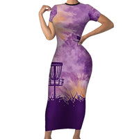 Custom Disc Golf Family Matching Short Sleeve Bodycon Dress and Hawaiian Shirt with Purple Sunset Tie Dye Basket and Player Silhouette - Wonder Print Shop